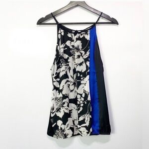 Express Womens XS Black/Blue Floral Ruched Halter High-Neck Elastic Waist Blouse
